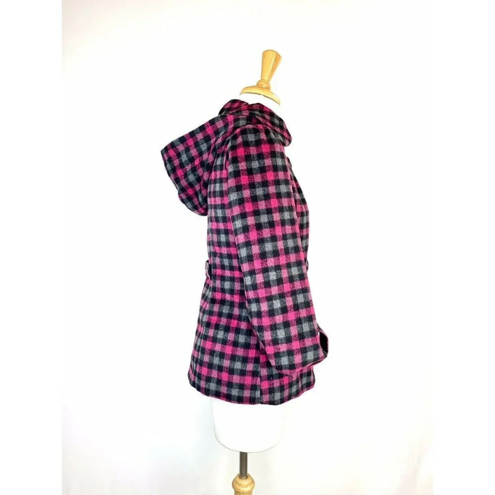 Pink Envelope Women’s Peacoat Hooded Plaid Double Breasted Look Jacket Small - Picture 10 of 11
